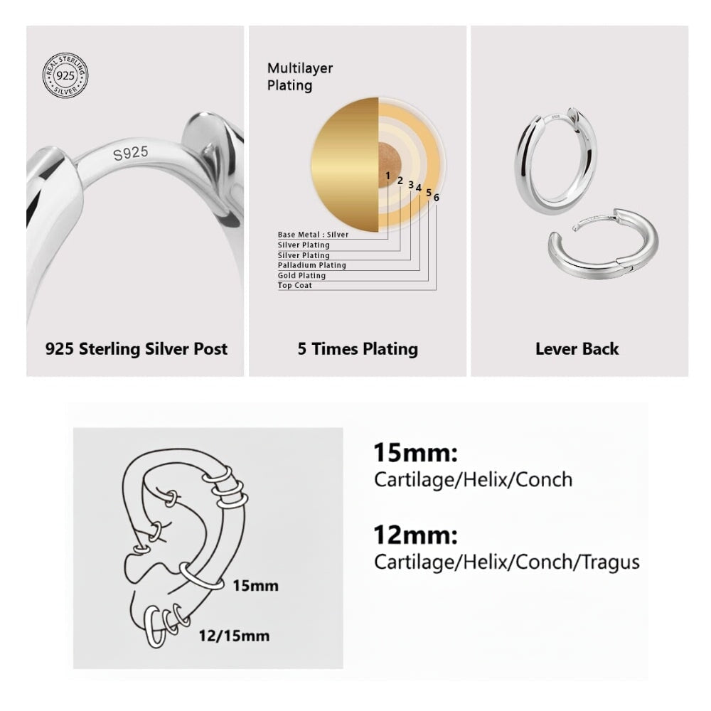 Women's 925 Sterling Silver Huggie Hoop Earrings in White Gold Earrings