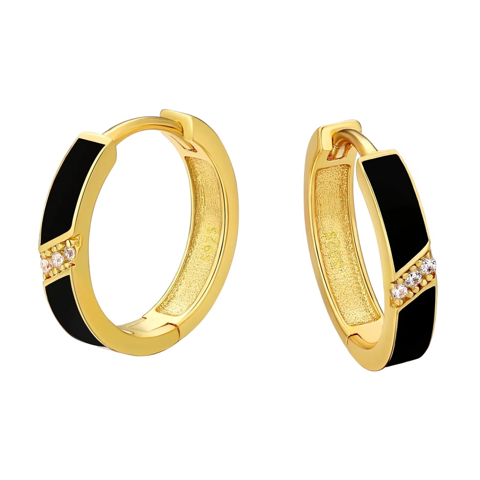 Women's S925 Diamond Black Hoop Earrings in 14K Gold - 15mm Earrings 15mm S925 14K Gold