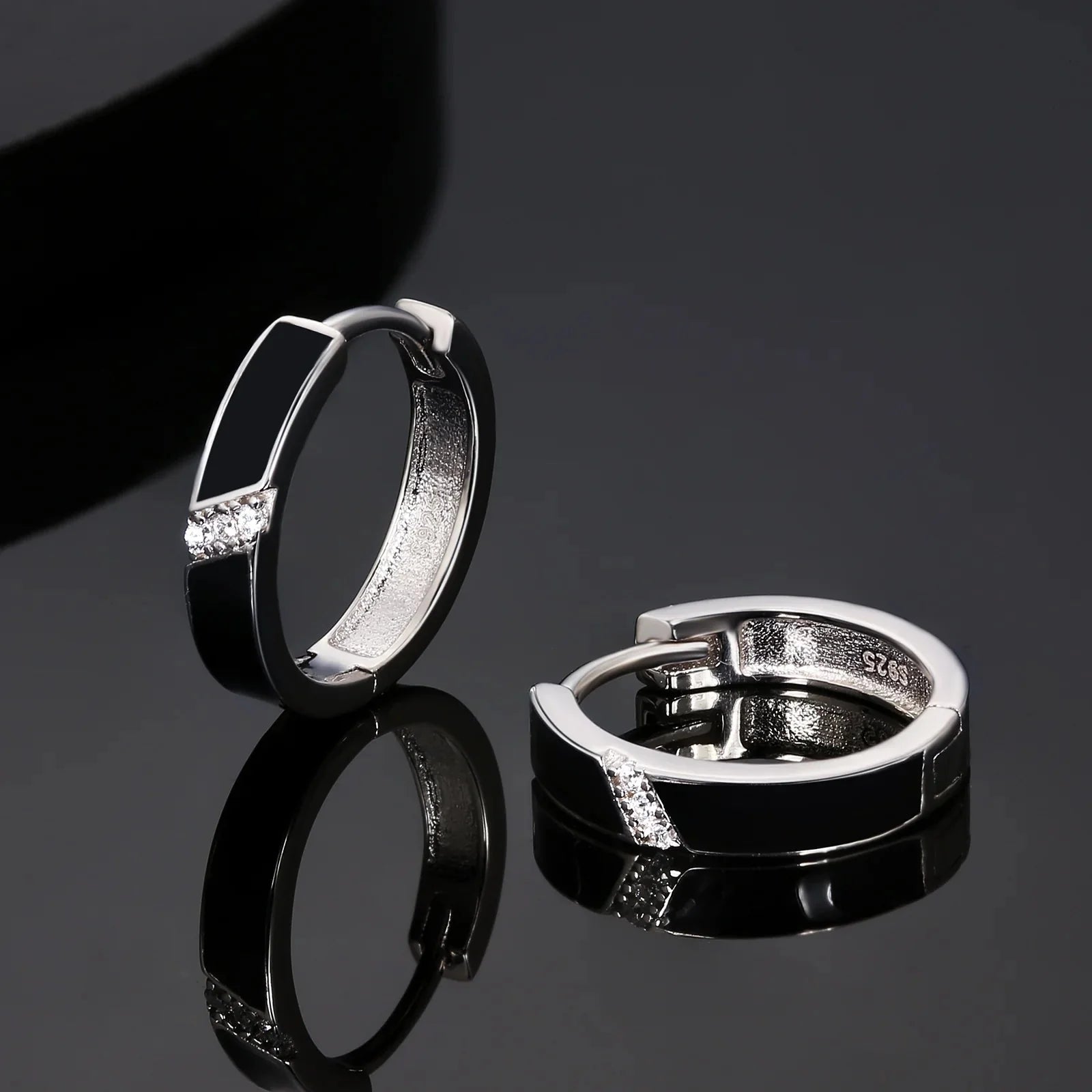 Women's S925 Diamond Black Hoop Earrings in White Gold - 15mm Earrings