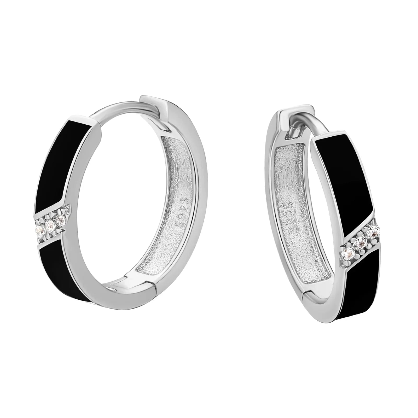 Women's S925 Diamond Black Hoop Earrings in White Gold - 15mm Earrings 15mm S925 White Gold