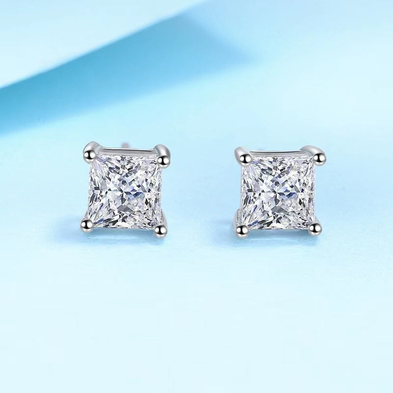 1.0 Carats VVS1 Moissanite 925 Sterling Silver Princess Cut Earring Studs in White Gold Earrings