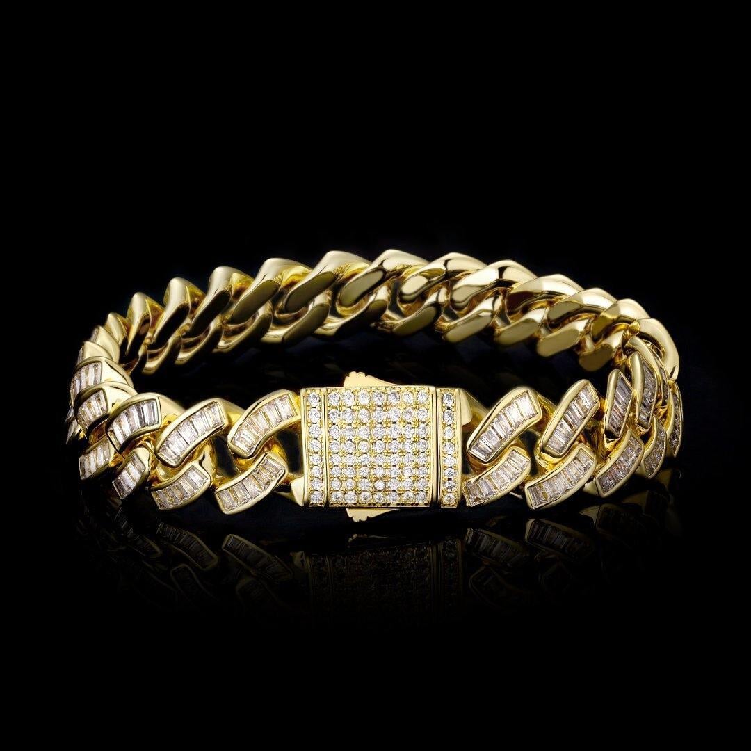 12mm Baguette CZ Mens Cuban Link Bracelet in 14K Gold