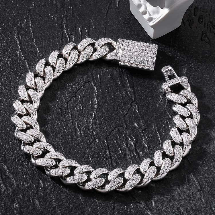 12mm Fully Iced Out Diamond Miami Cuban Link Bracelet in White Gold
