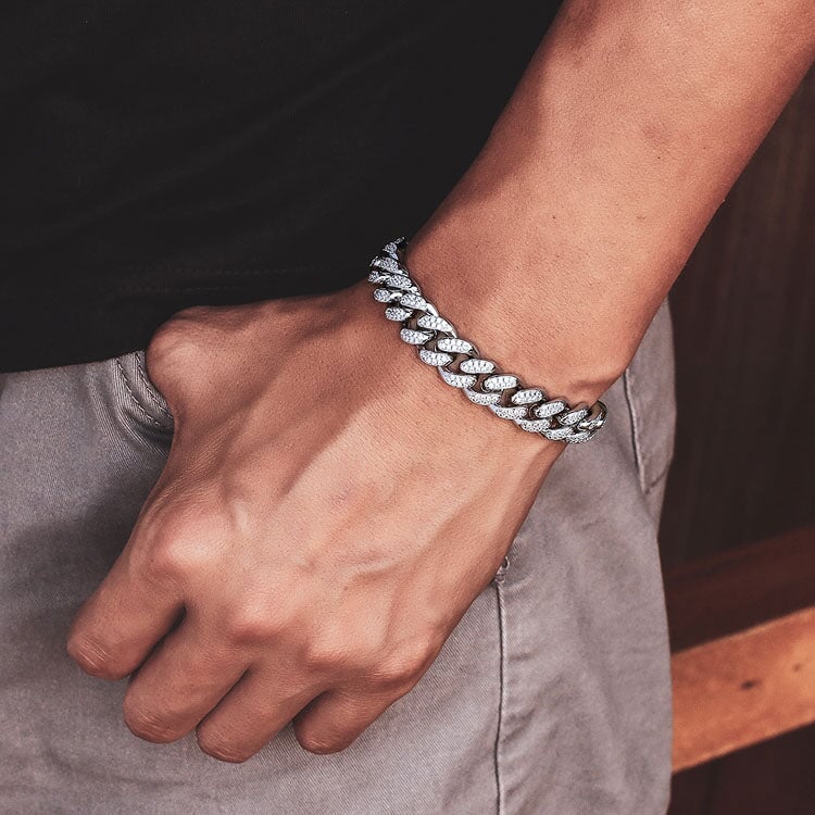 12mm Fully Iced Out Diamond Miami Cuban Link Bracelet in White Gold