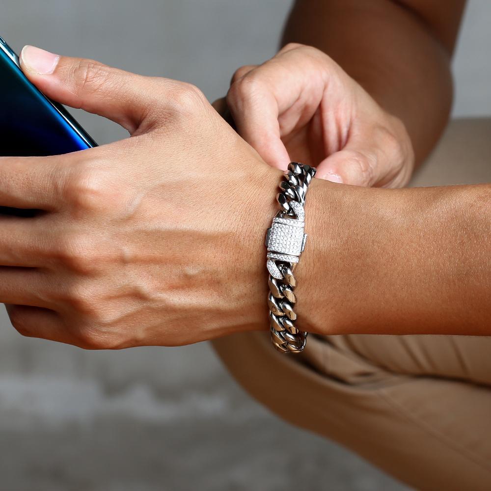 12mm Iced Out Mens Miami Cuban Link Bracelet in White Gold
