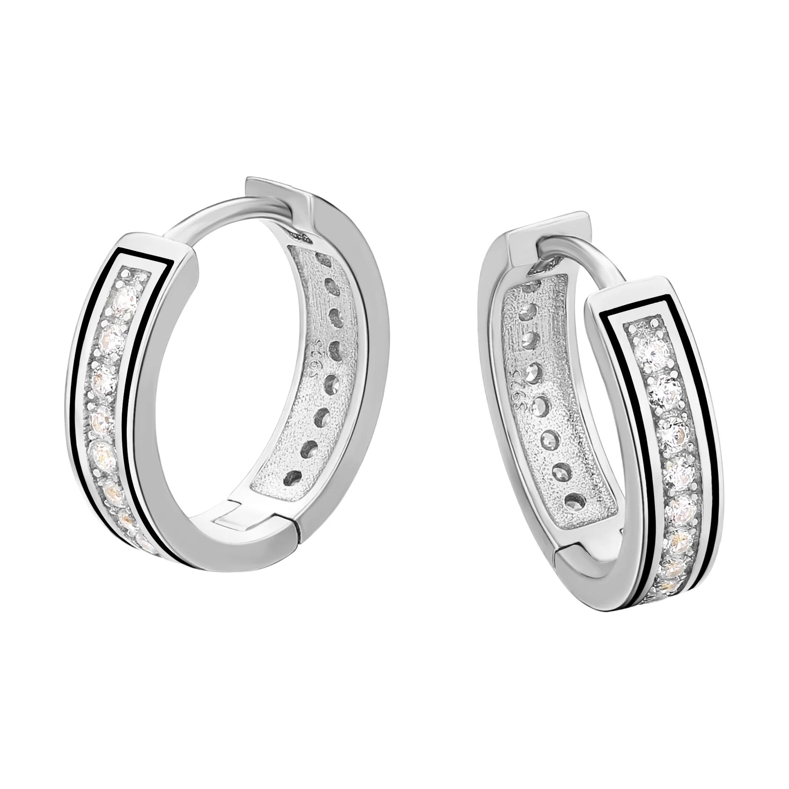 15mm 925 Sterling Silver Diamond Round Hoop Earrings in White Gold Earrings