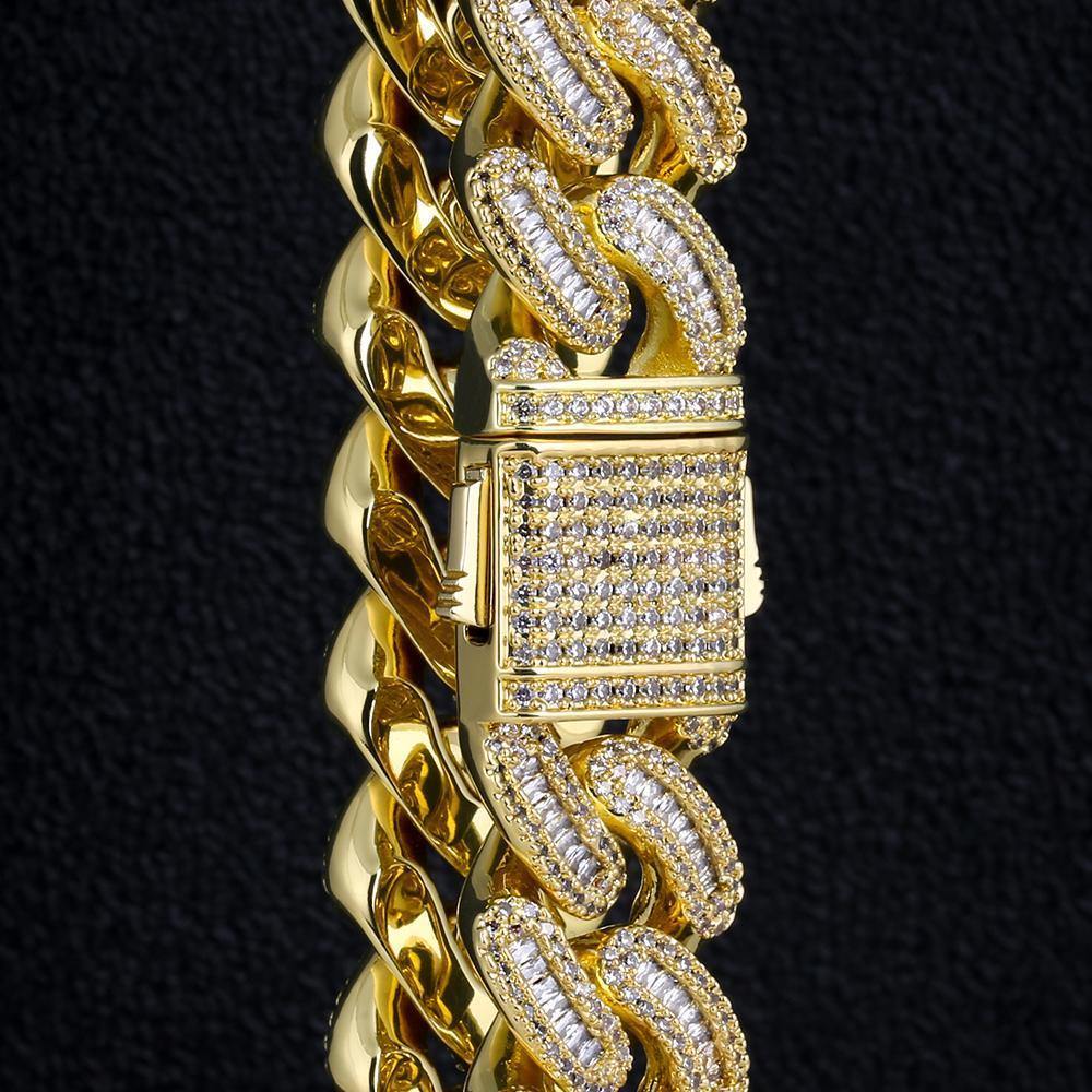 16mm Iced Out Baguette Cut Mens Cuban Link Bracelet in 14K Gold