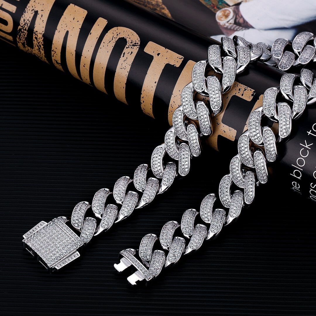18mm Iced Out Cuban Link Chain White Gold Plated Necklaces