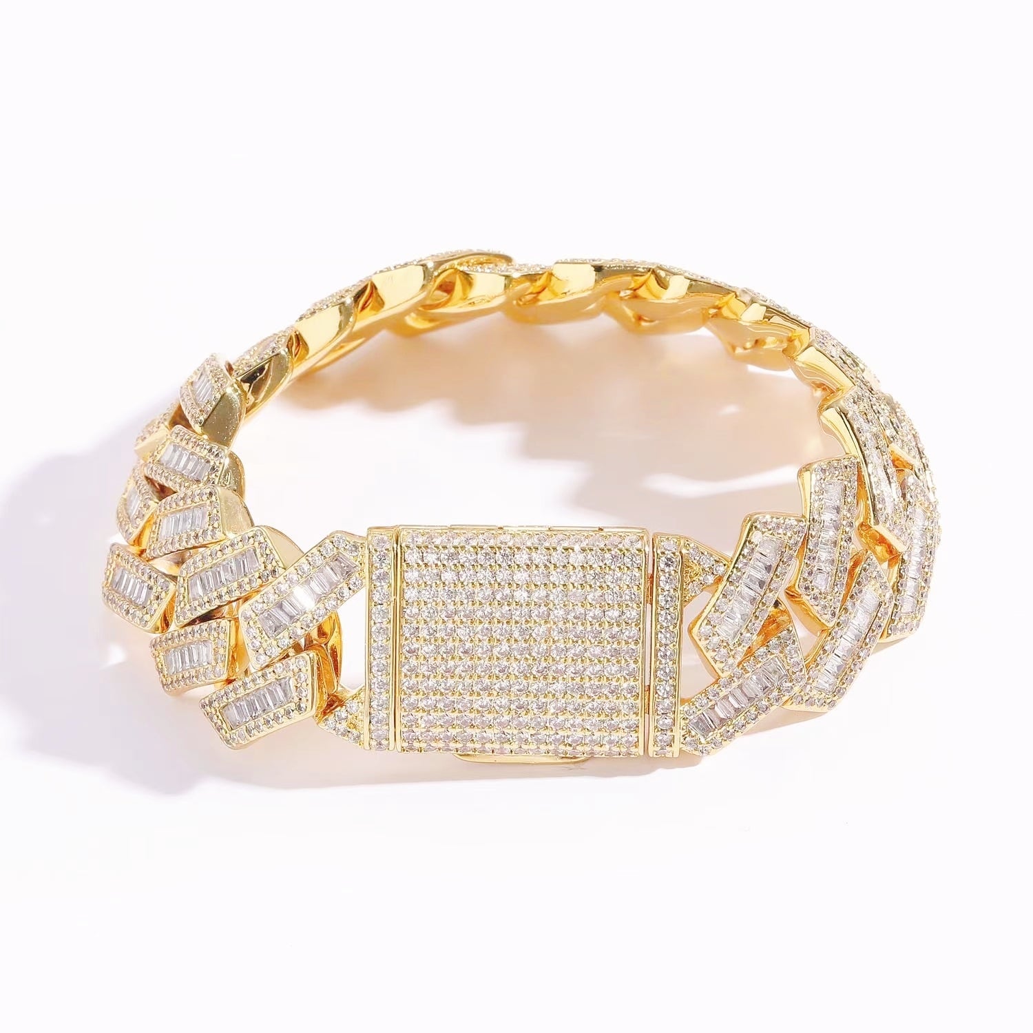 20mm Baguette Cut Moissanite Diamond Prong Cuban Link Bracelet in 14K Gold Jewelry