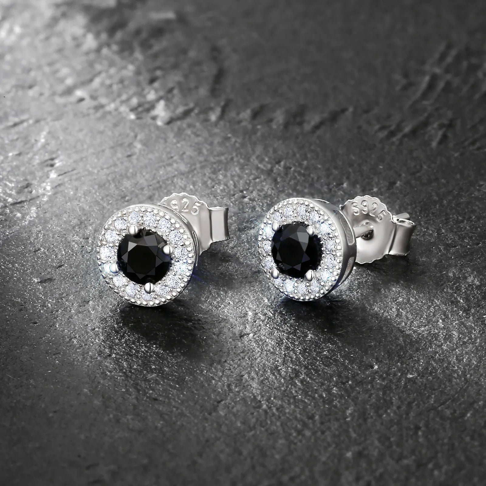 7.5mm Black Diamond Round Stud Earrings in White Gold