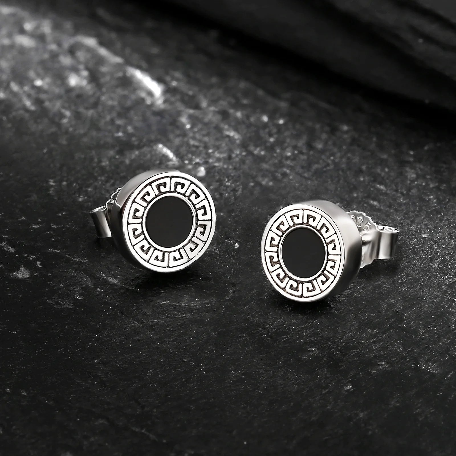 8.5mm Vintage Black Agate Round Diamond Stud Earrings in 925 Sterling Silver 