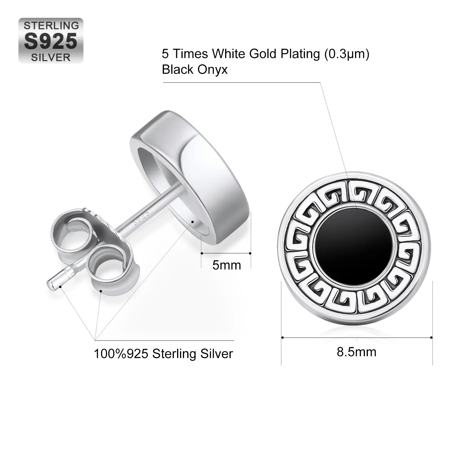 8.5mm Vintage Black Agate Round Diamond Stud Earrings in 925 Sterling Silver 