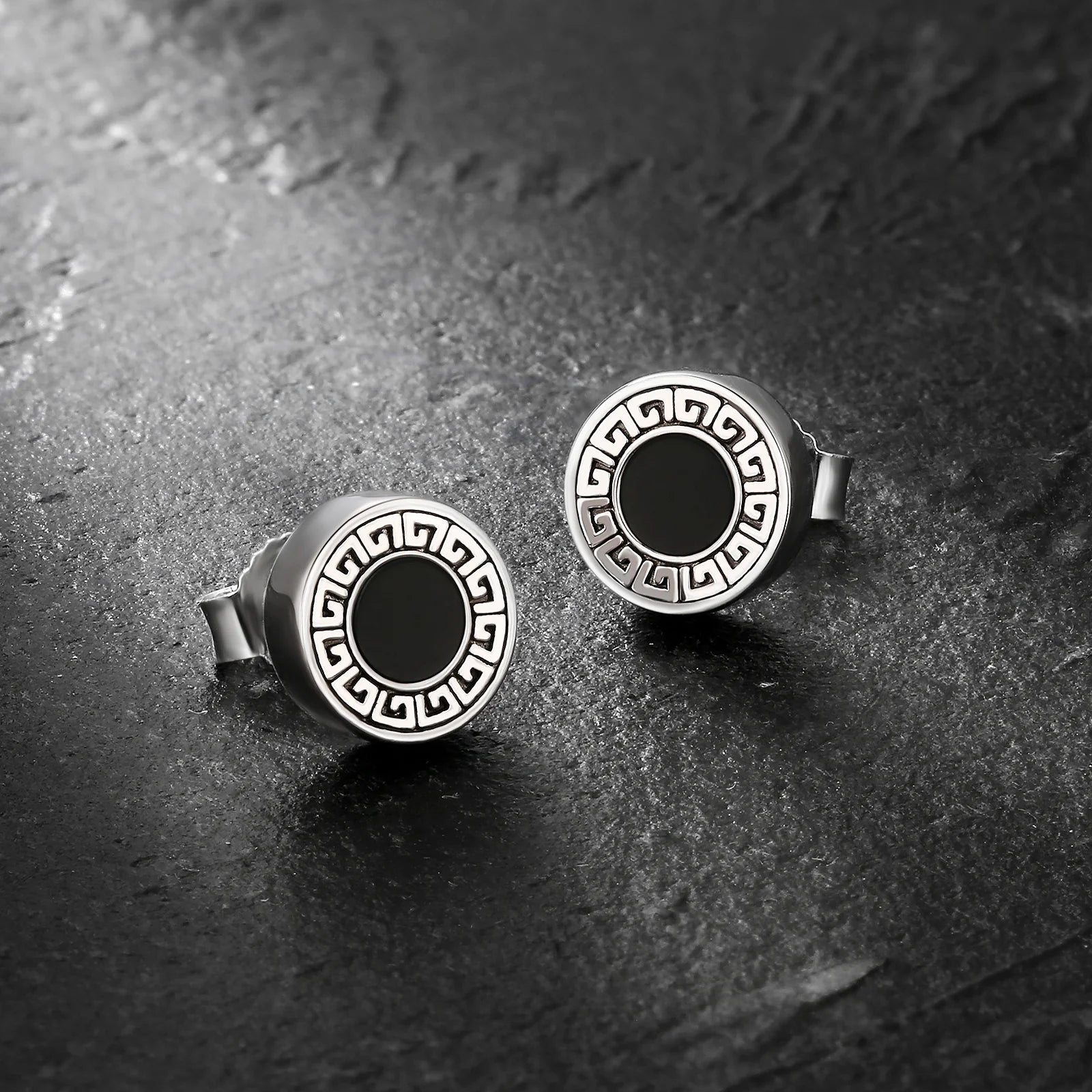 8.5mm Vintage Black Agate Round Diamond Stud Earrings in 925 Sterling Silver
