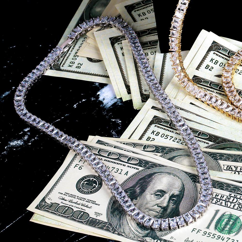 8mm Baguette Cut CZ Diamond Tennis Chain in White Gold