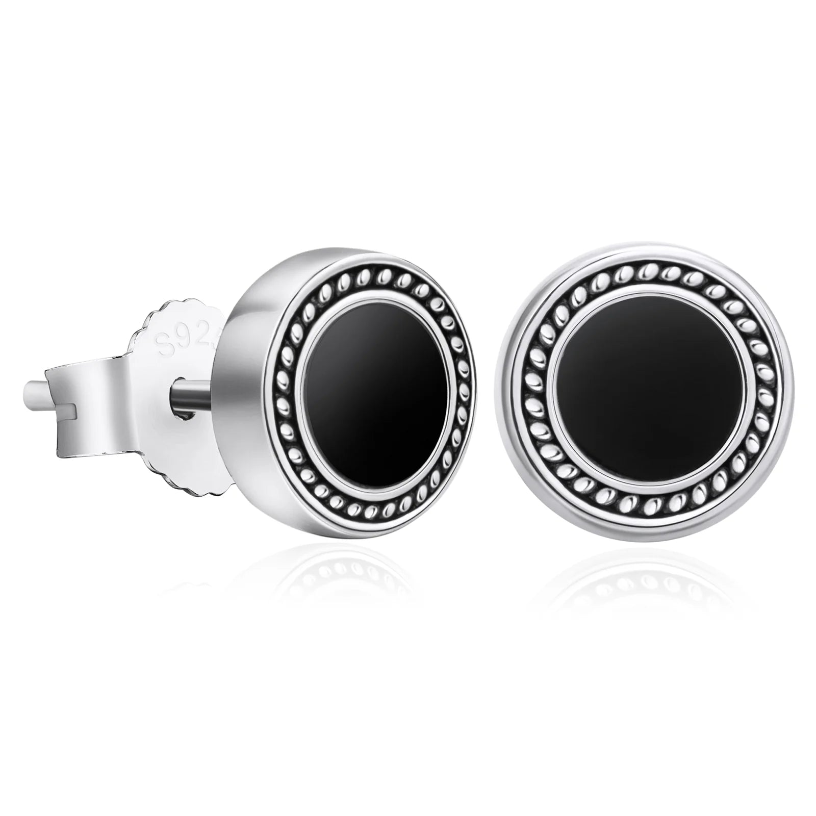 8mm Black Diamond Agate Radial Round Stud Earrings in 925 Sterling Silver