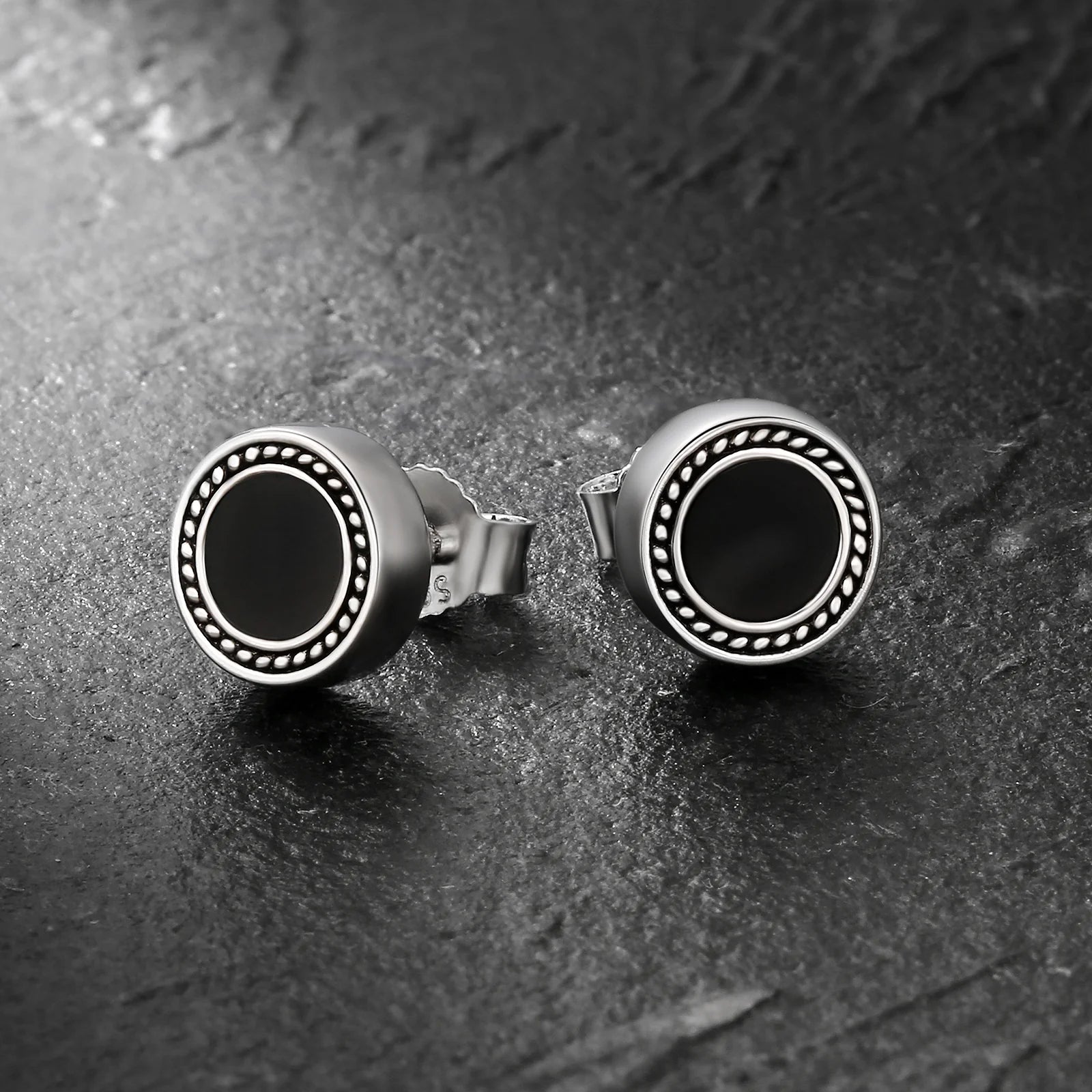 8mm Black Diamond Agate Radial Round Stud Earrings in 925 Sterling Silver
