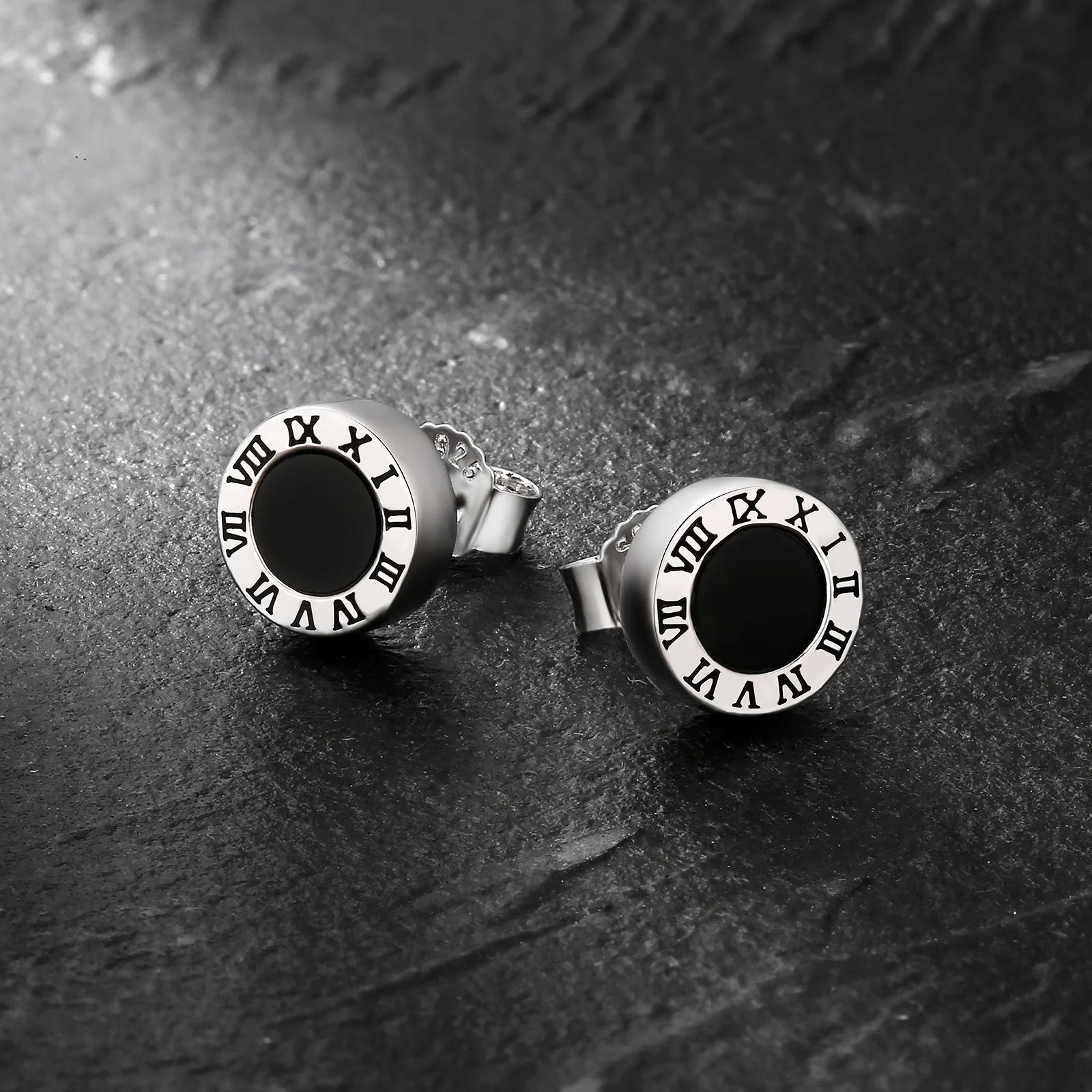 8mm Roman Numerals Black Agate Round Diamond Stud Earrings in 925 Sterling Silver
