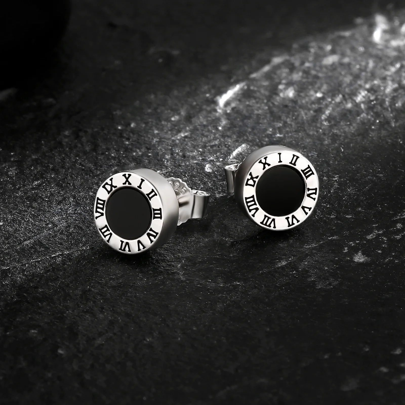 8mm Roman Numerals Black Agate Round Diamond Stud Earrings in 925 Sterling Silver