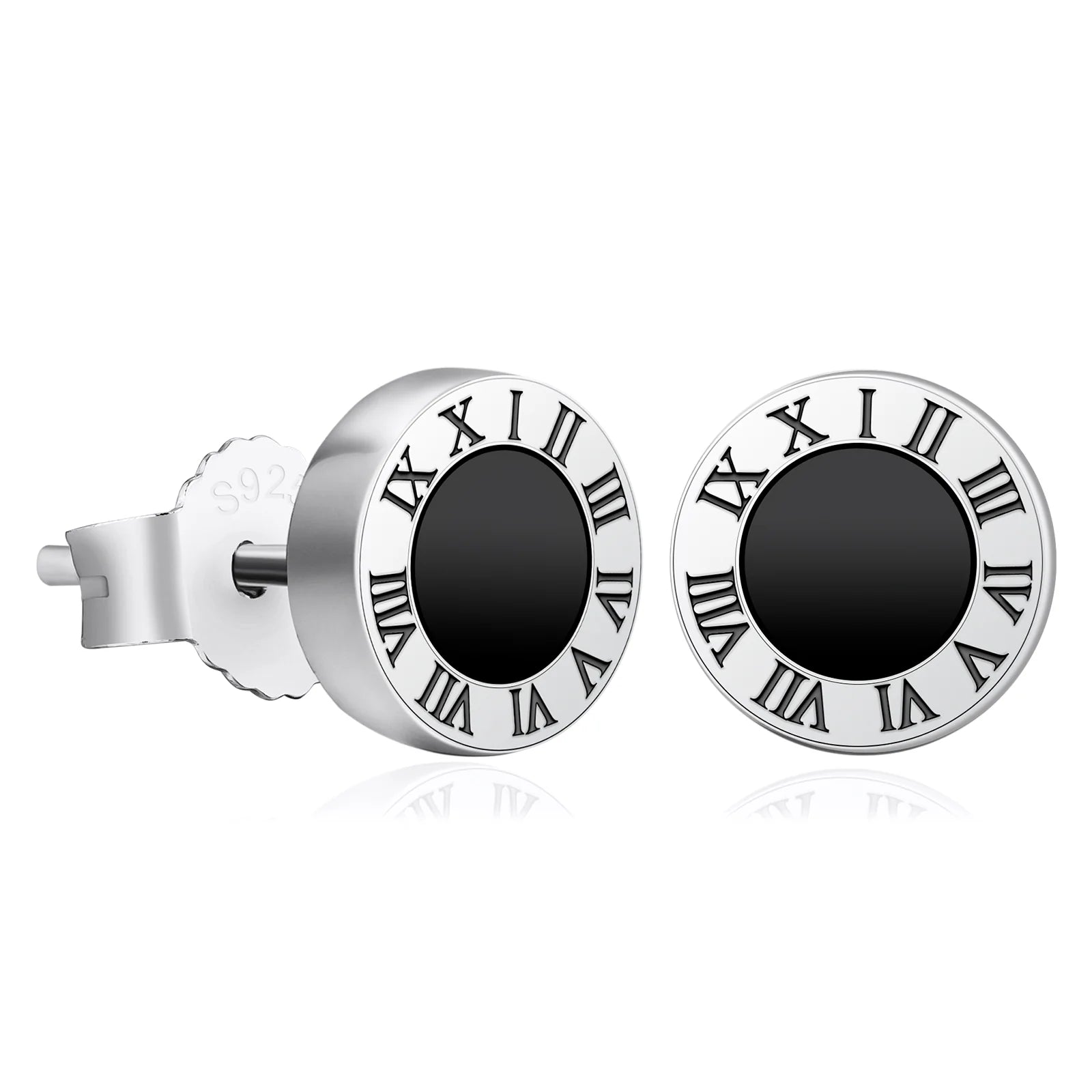 8mm Roman Numerals Black Agate Round Diamond Stud Earrings in 925 Sterling Silver