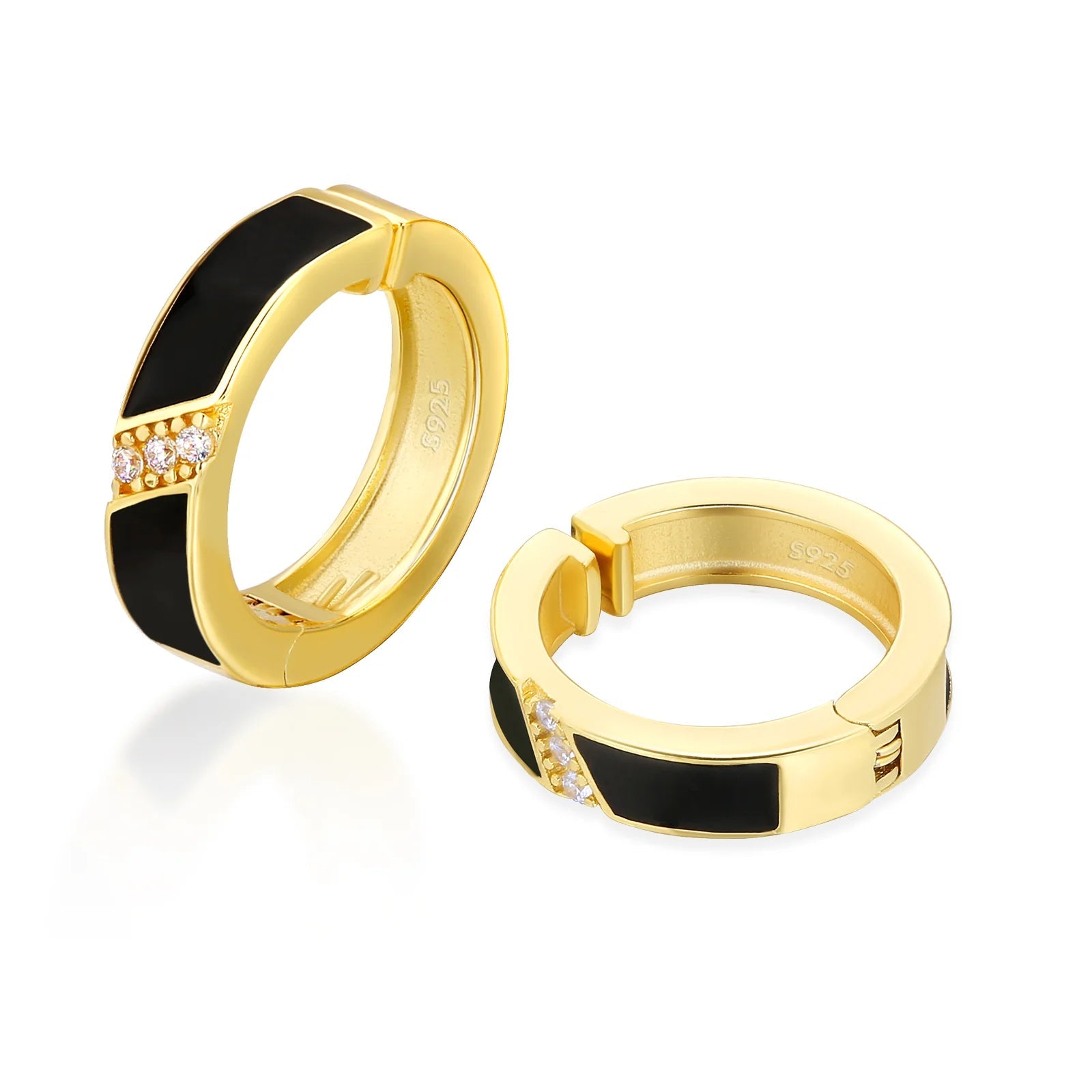 925 Sterling Silver Diamond Black Round Hoop Earrings in 14K Gold Earrings Non-pierced S925 14K Gold