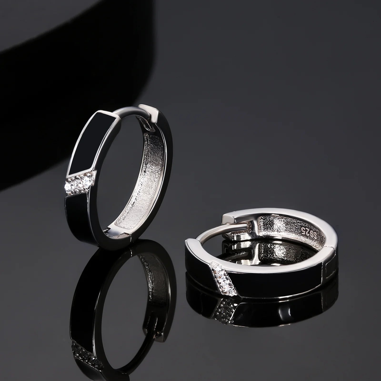 925 Sterling Silver Diamond Black Round Hoop Earrings in White Gold Earrings