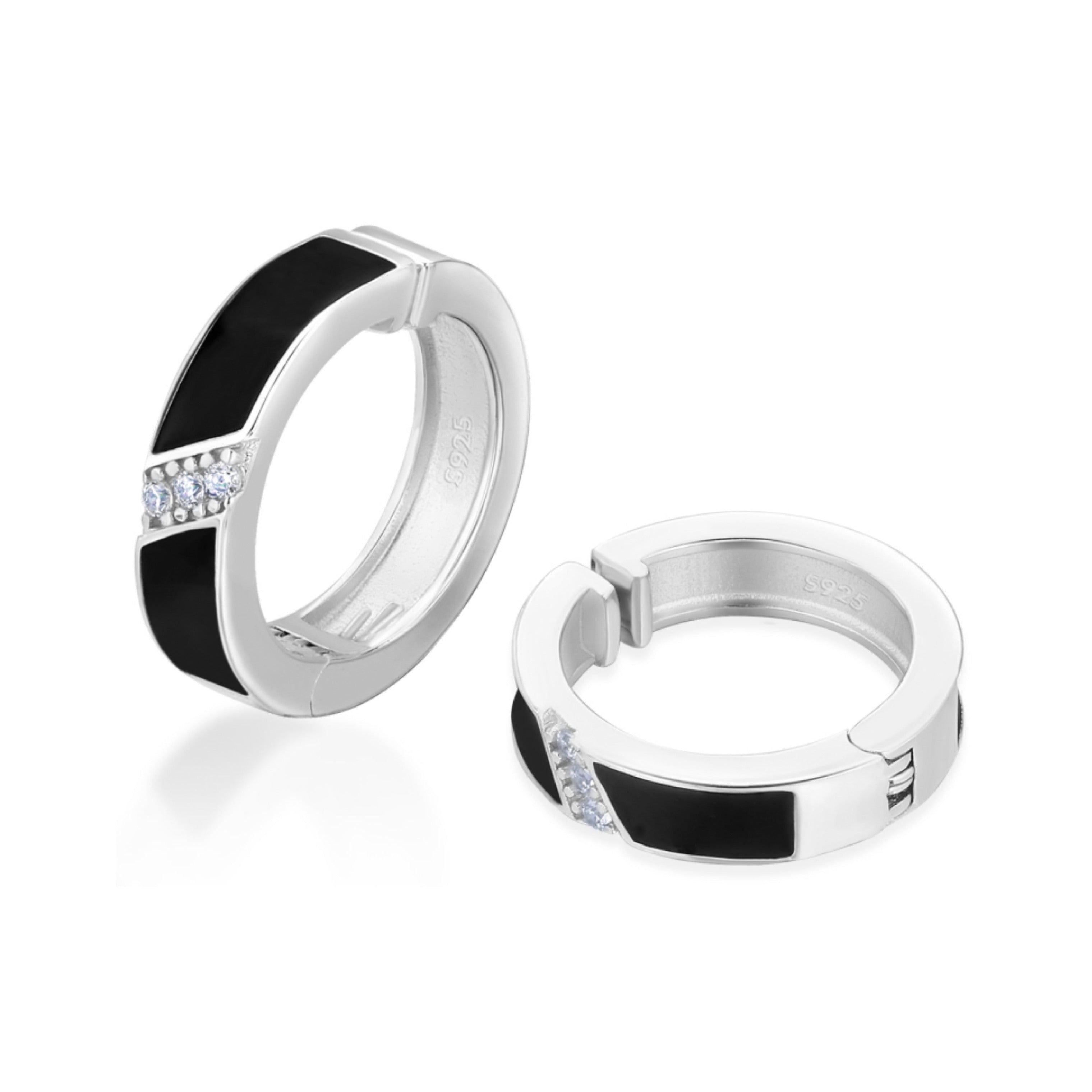 925 Sterling Silver Diamond Black Round Hoop Earrings in White Gold Earrings Non-pierced S925 White Gold