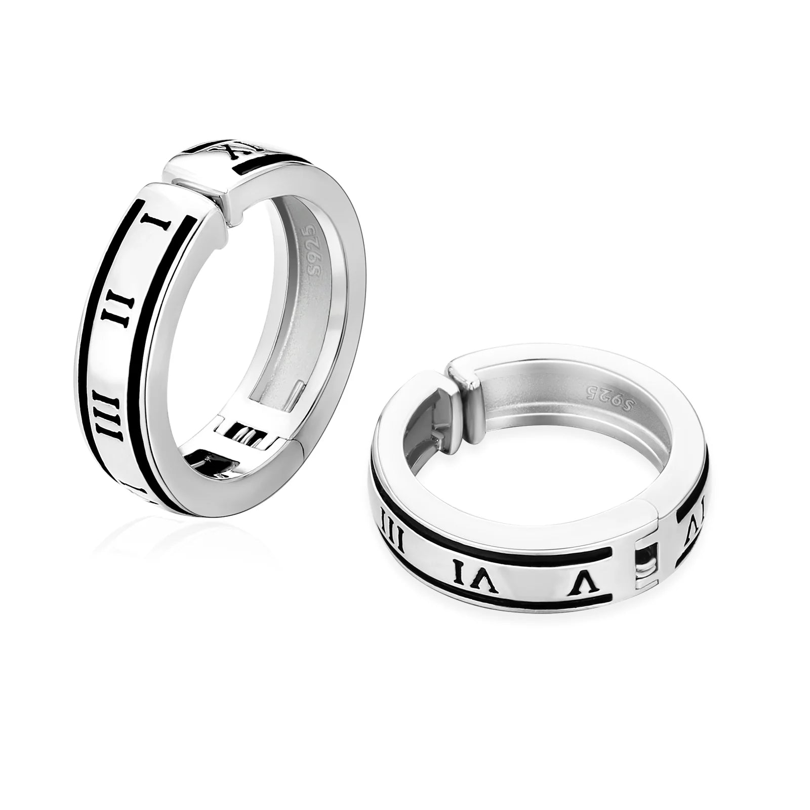 925 Sterling Silver Hoop Ear Cuff with Roman Numerals Printed in White Gold Earrings