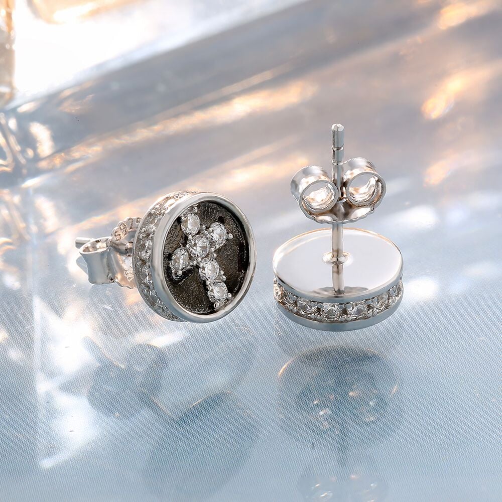 Diamond Cross Earrings Round Stud for Men Earrings