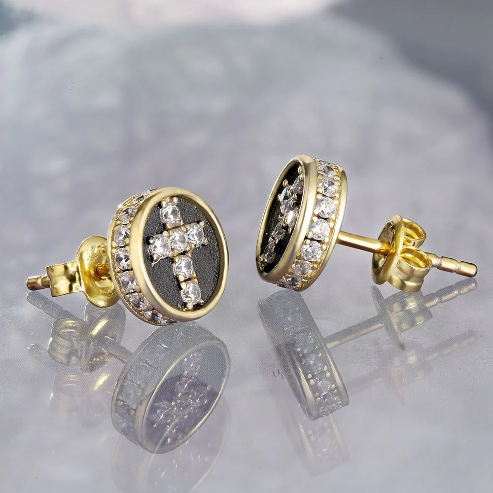 Diamond Cross Earrings Round Stud for Men Earrings