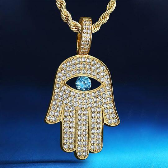 Iced Hamsa Hand Pendant 14K Gold Plated