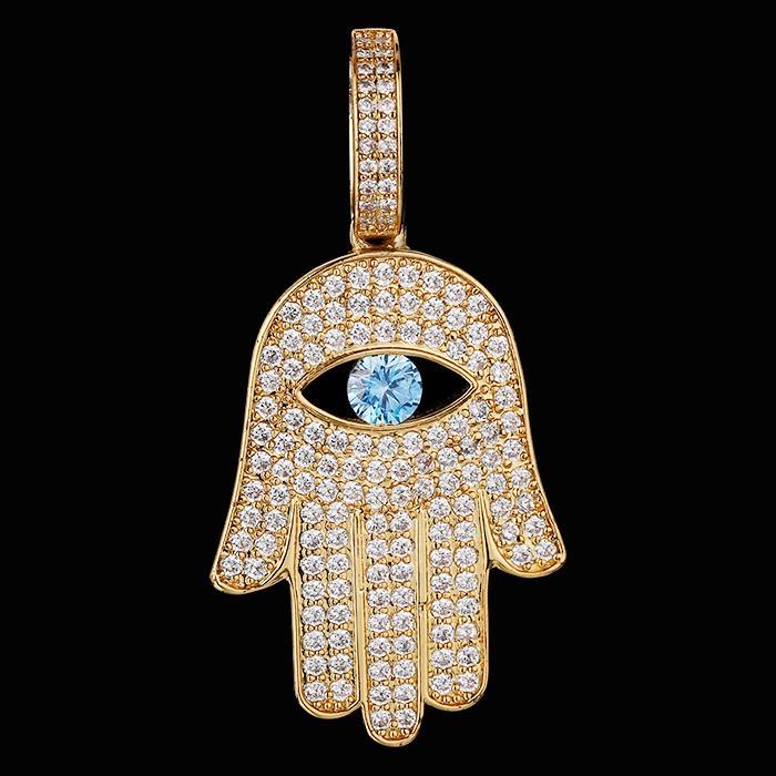 Iced Hamsa Hand Pendant 14K Gold Plated