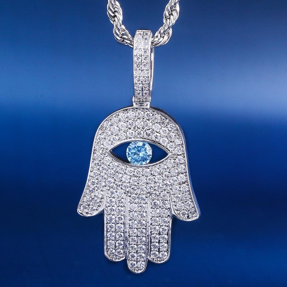 Iced Hamsa Hand Pendant White Gold Plated