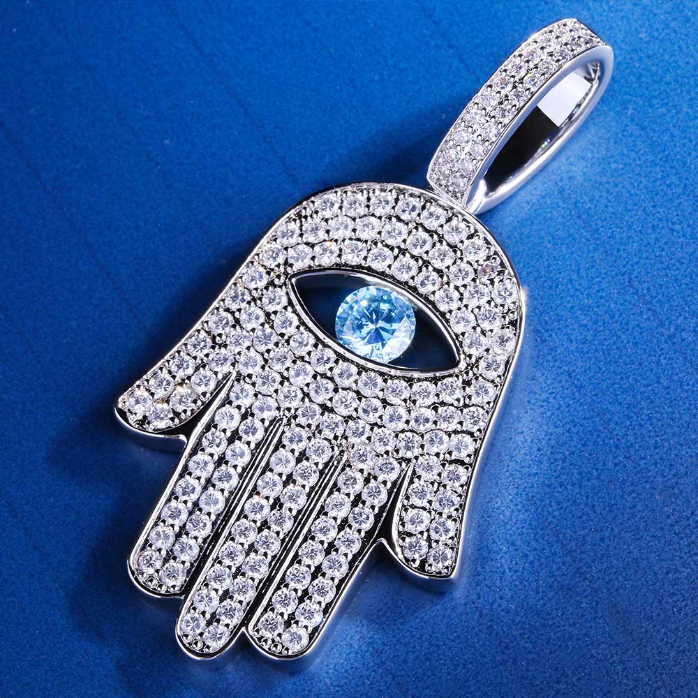 Iced Hamsa Hand Pendant White Gold Plated