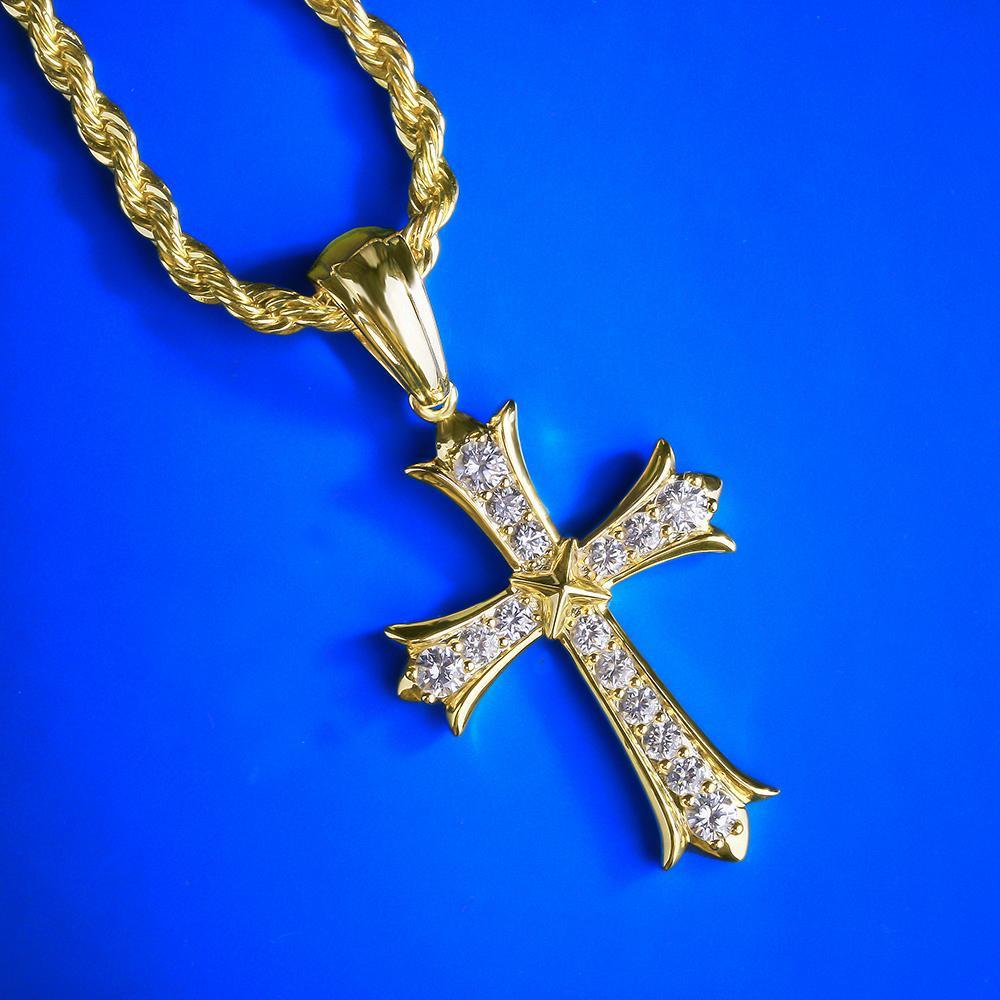 Iced Iris Cross Pendant 14K Gold Plated 3mm 24" Rope Chain 14K Gold
