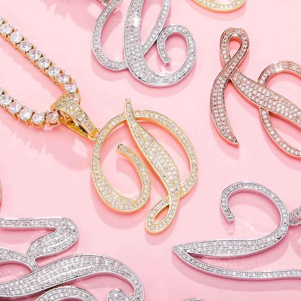 Iced Out Cursive Letters Pendant Necklace