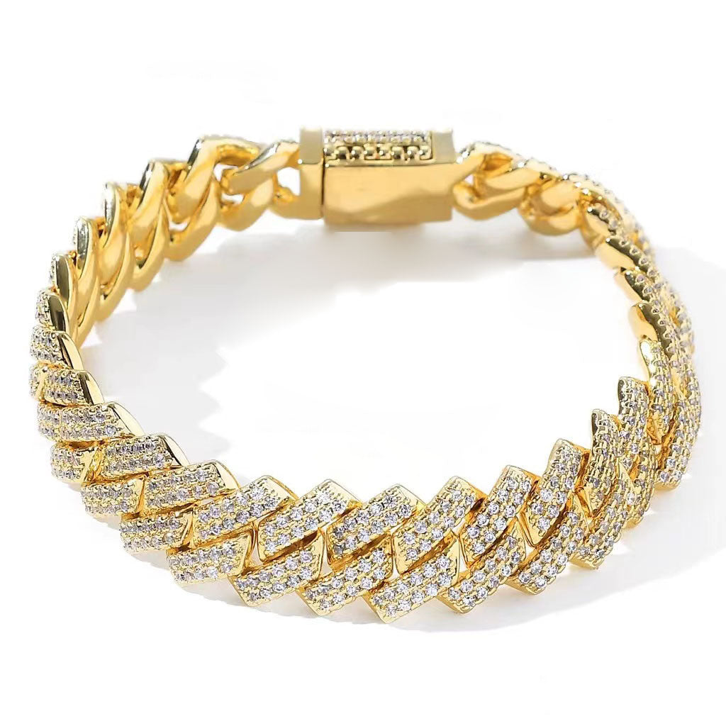 Iced Out Diamond Prong Cuban Link Bracelet in 14K Gold 