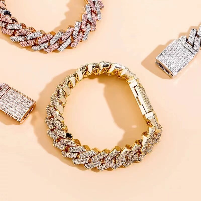 Iced Out Diamond Prong Cuban Link Bracelet in 14K Gold