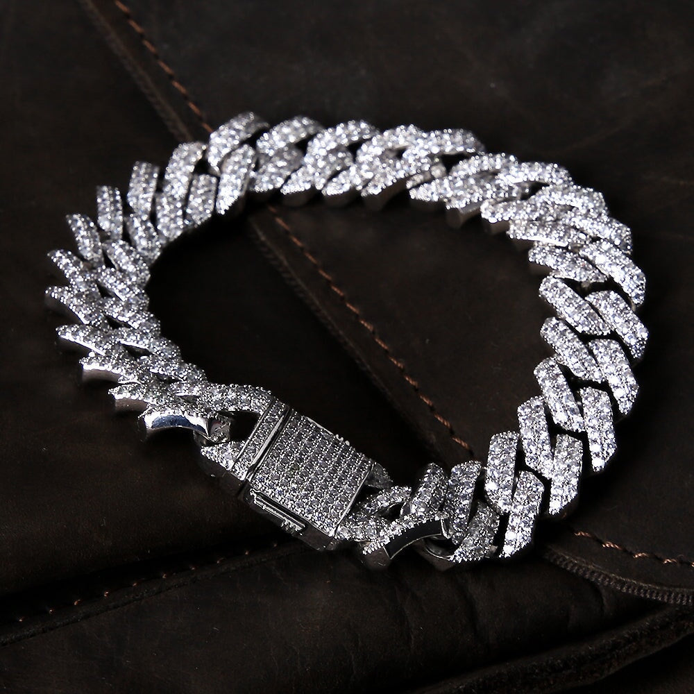 Iced Out Diamond Prong Cuban Link Bracelet in White Gold