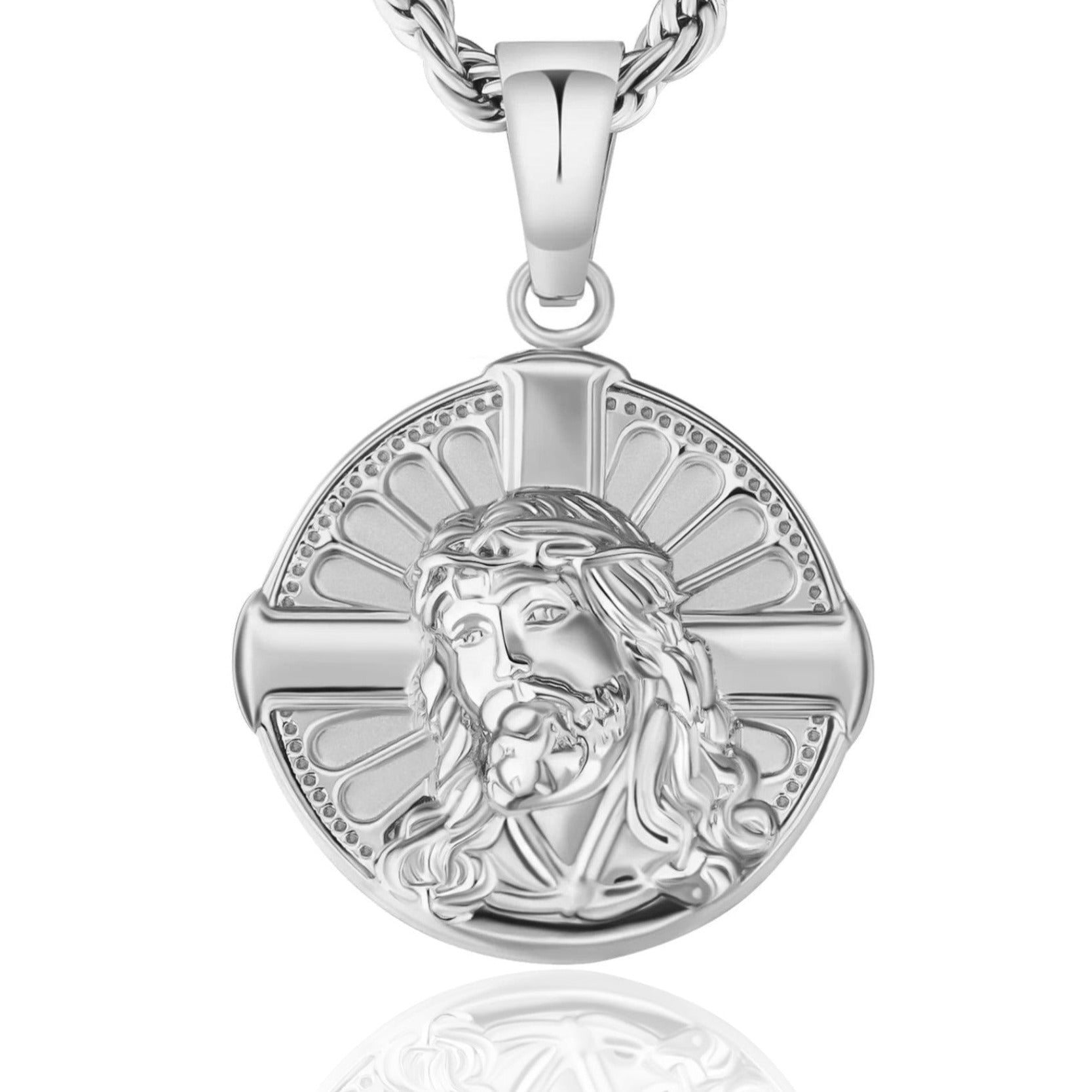 Jesus on Cross Coin Pendant Necklace White Gold Free Rope Chain