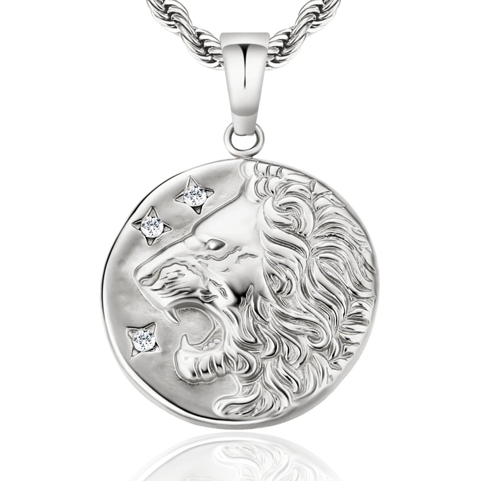 Lion Head Coin Pendant Necklace White Gold Free Rope Chain