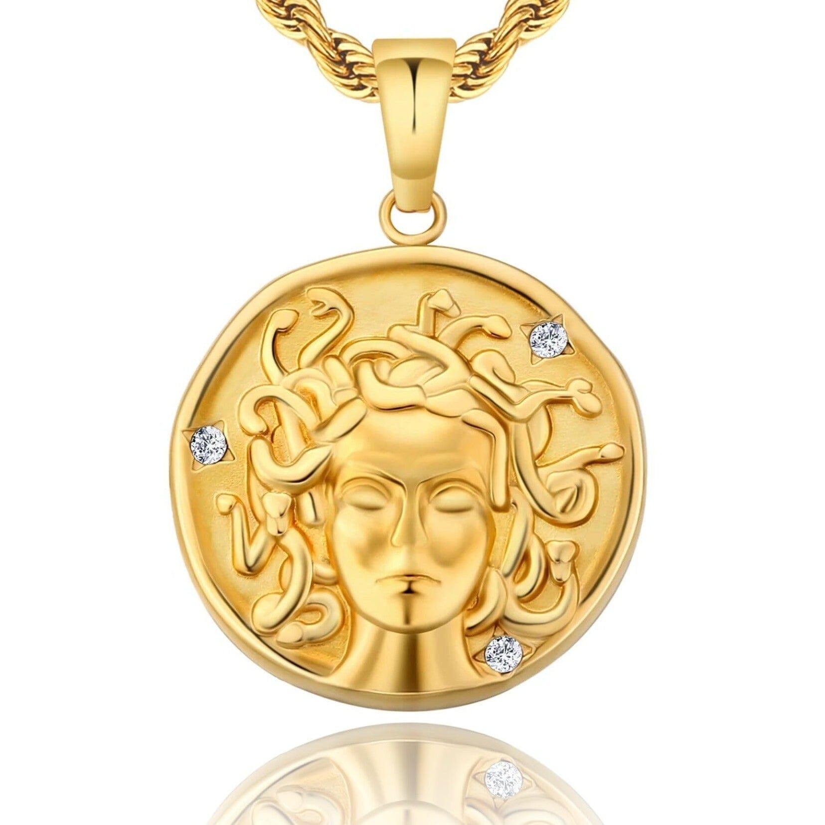 Medusa Head Coin Pendant Necklace 18K Gold Free Rope Chain 