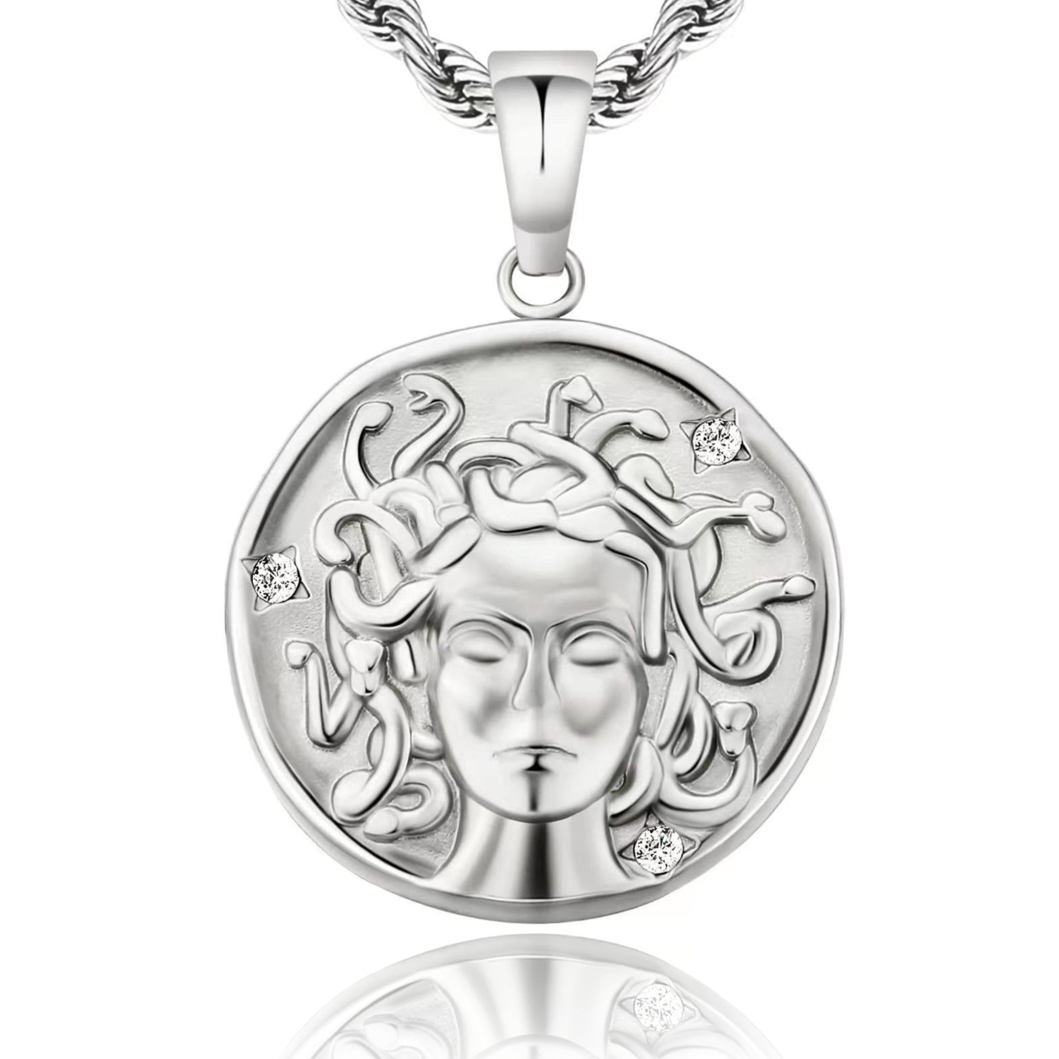 Medusa Head Coin Pendant Necklace White Gold Free Rope Chain