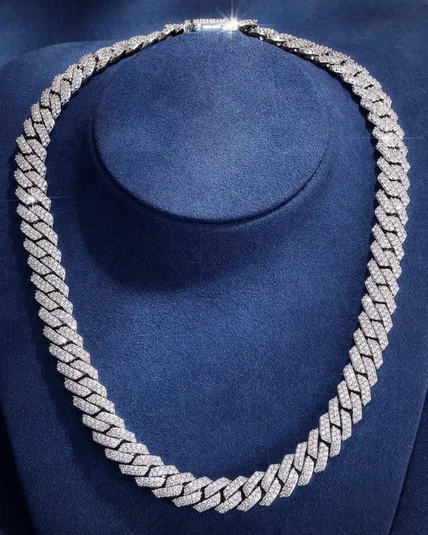 Moissanite Diamond Prong Cuban Link Chain in White Gold - 15mm