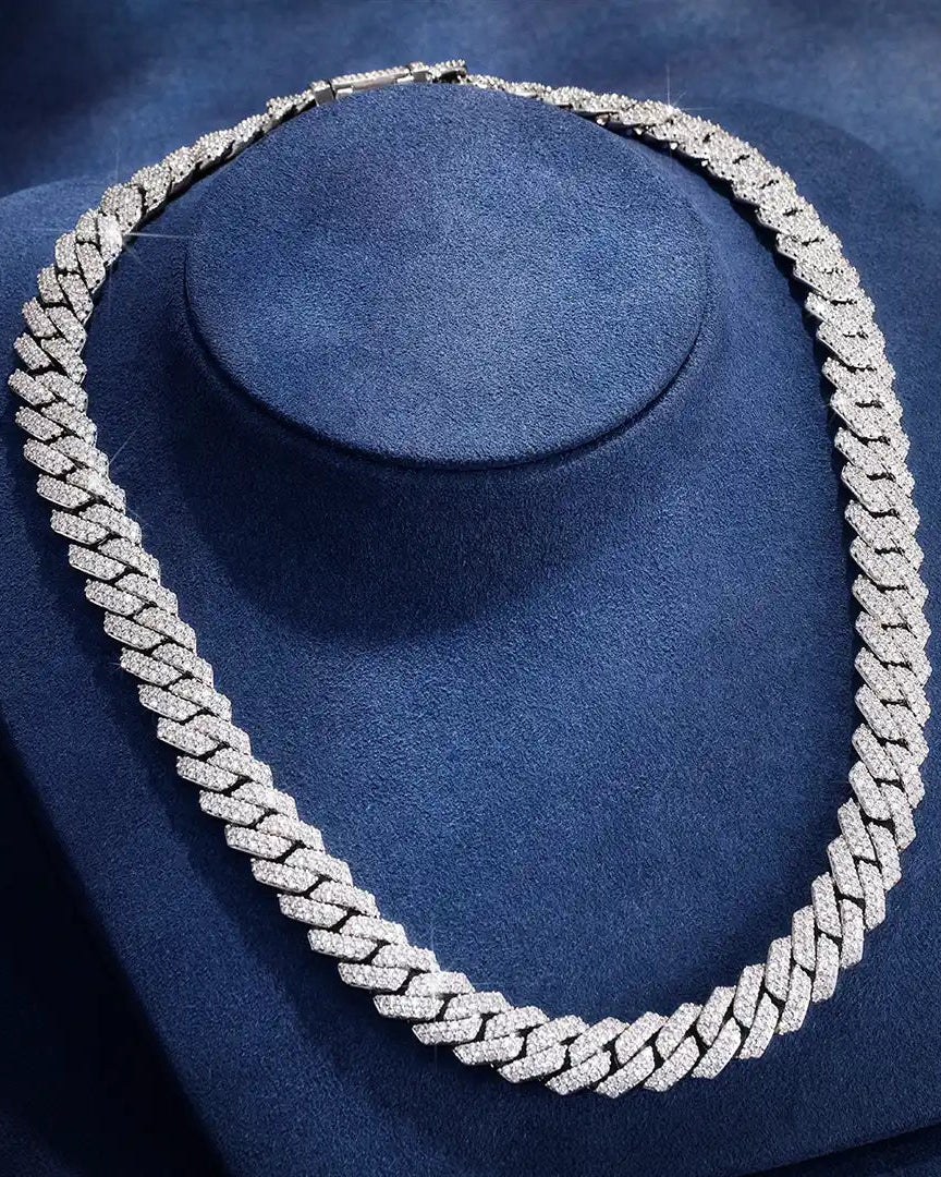 Moissanite Diamond Prong Cuban Link Chain in White Gold - 15mm