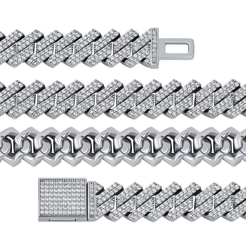 Moissanite Diamond Prong Cuban Link Chain in White Gold - 15mm