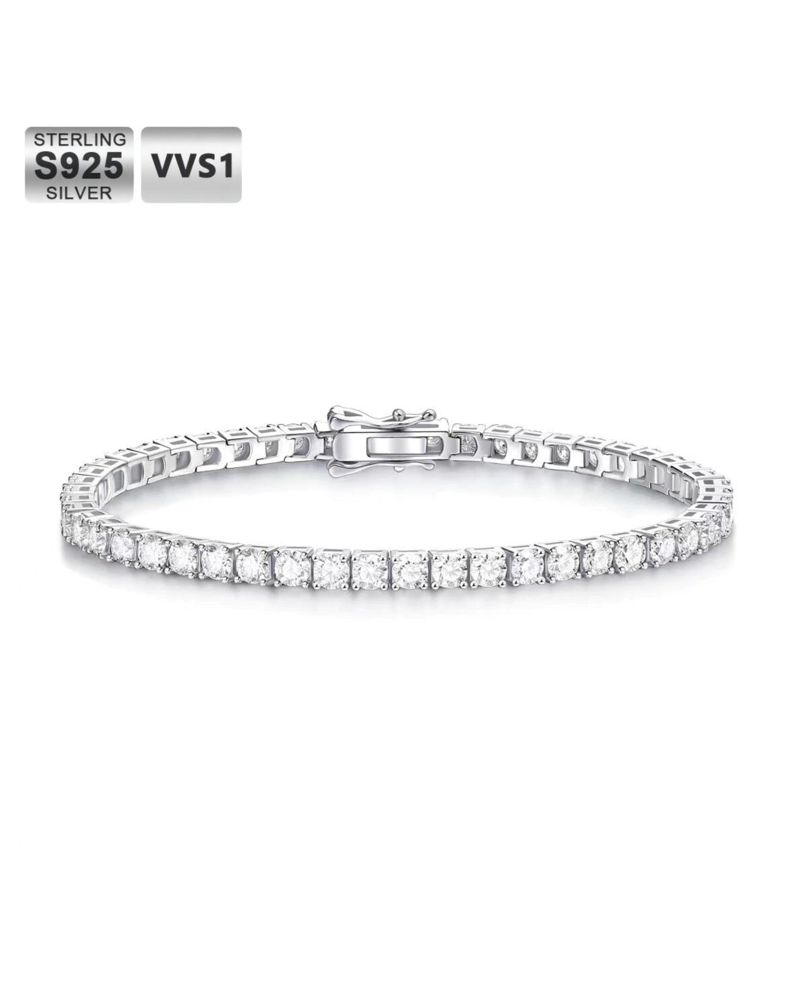 Moissanite Diamond Silver Tennis Chain Bracelet in White Gold - 4mm Bracelets PuLuoWang Wuzhou