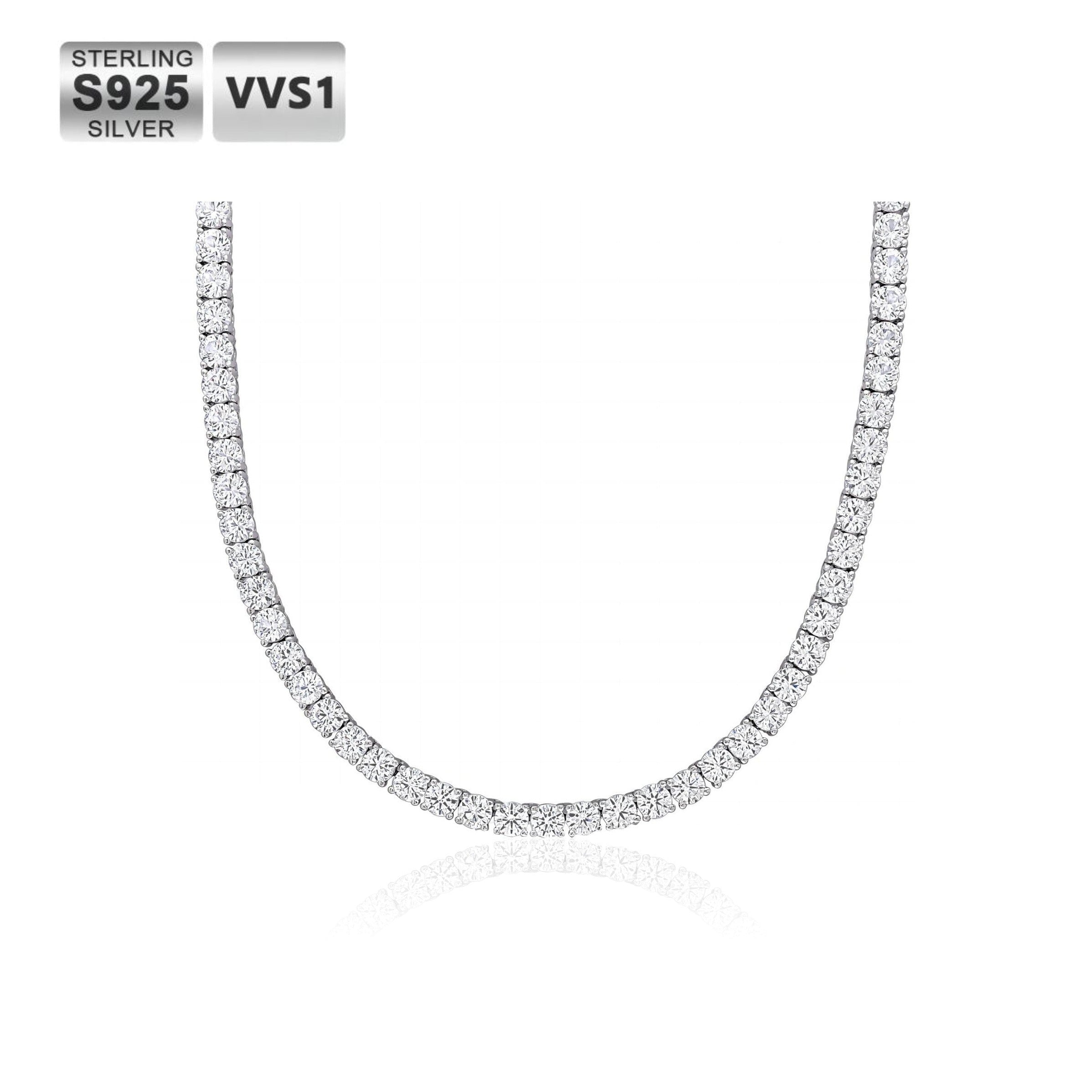 Moissanite Diamond Silver Tennis Chain Necklace in White Gold - 4mm Necklaces