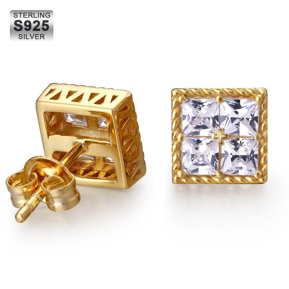 Princess Cut Diamond CZ Square Stud Mens Earrings Earrings 14K Gold S925