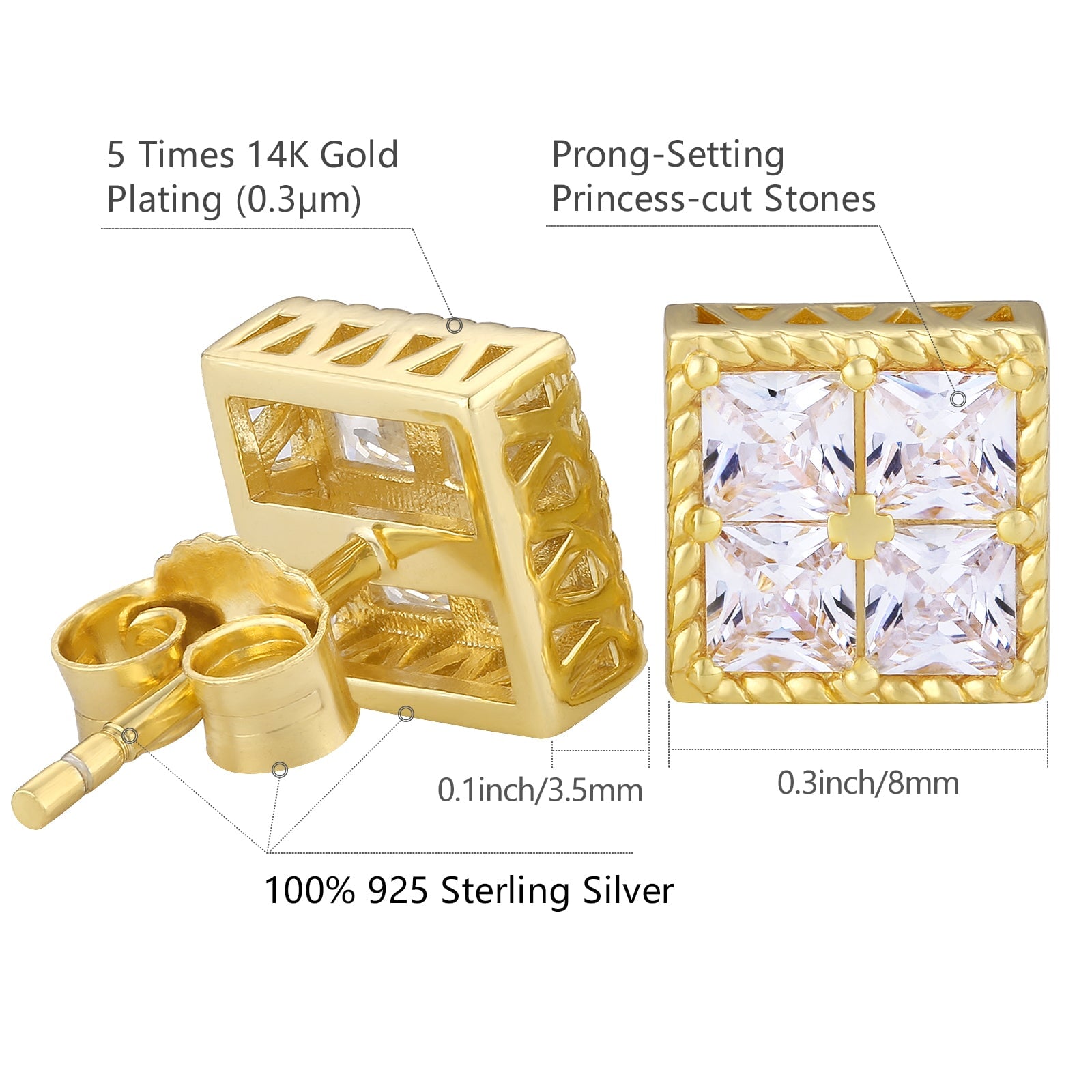 Princess Cut Diamond CZ Square Stud Mens Earrings Earrings