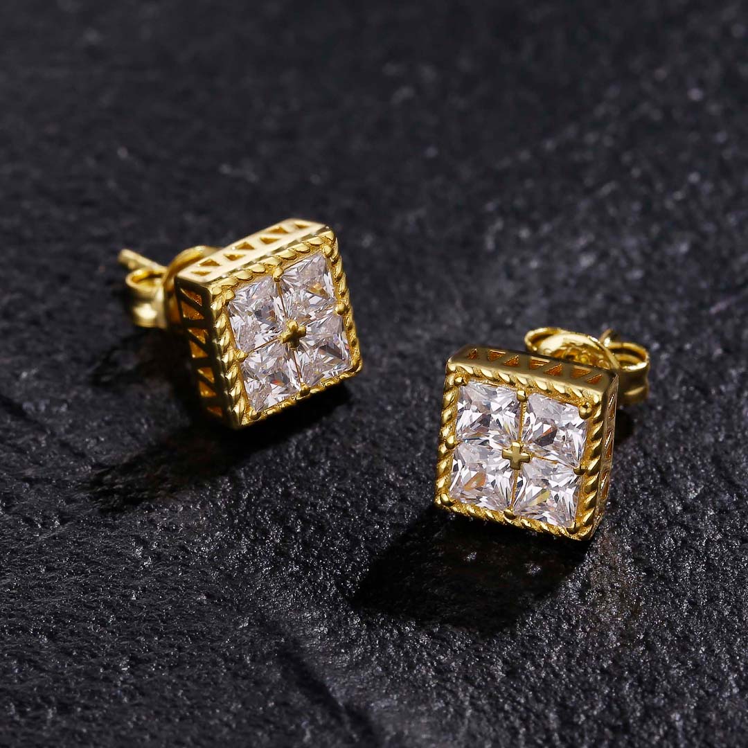 Princess Cut Diamond CZ Square Stud Mens Earrings Earrings